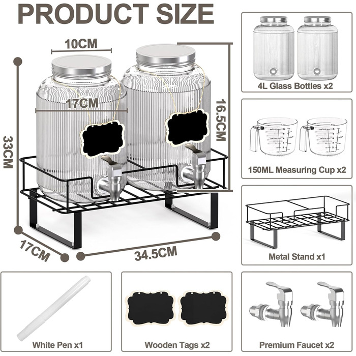2 шт. скляні диспенсери для напоїв на 4 л з краном, металевий стійка та мірний стакан, для соку/коктейлів/трав'яного чаю, диспенсер для соку на вечірки та весілля