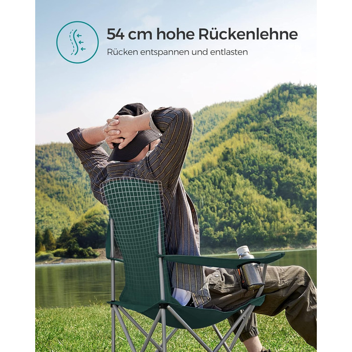 SONGMICS 2-Pack Folding Chair Camping Chair Folding Chair Comfortable Heavy-Duty Construction Max. Load Capacity 150 kg with Cup Holder Outdoor Chair (Dark Green)