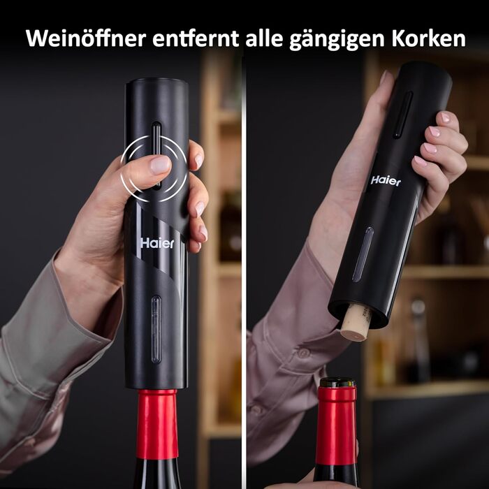 Електричний відкривач вин Haier з нержавіючої сталі: набір з декантером, вакуумним затвором, зрізачем фольги та станцією. Автоматичний відкривач вин Haier - чудовий подарунок для поціновувачів вина. Працює від батарейок.