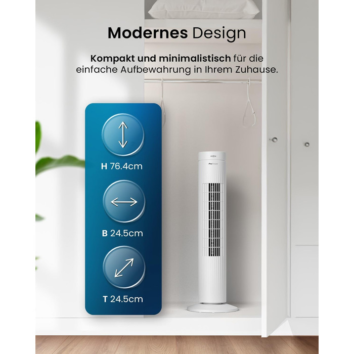 Турбовентилятор Pro Breeze з пультом керування, 76 см, коливання 65°, таймер, 3 швидкості – потужний та енергоефективний, тихий вентилятор для спальні та офісу, білий