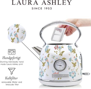 Laura Ashley Elveden Wireless Electric Kettle - 1.7L Stainless Steel, 2.2kW Fast Boil, Temperature Display & Overheat Protection