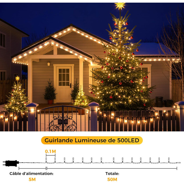 LED гірлянда для прикрашання ялинки на вулиці, 5 метрів, 150 LED, тепле біле світло, таймер, пульт, 8 режимів, для балкона, саду, вечірки