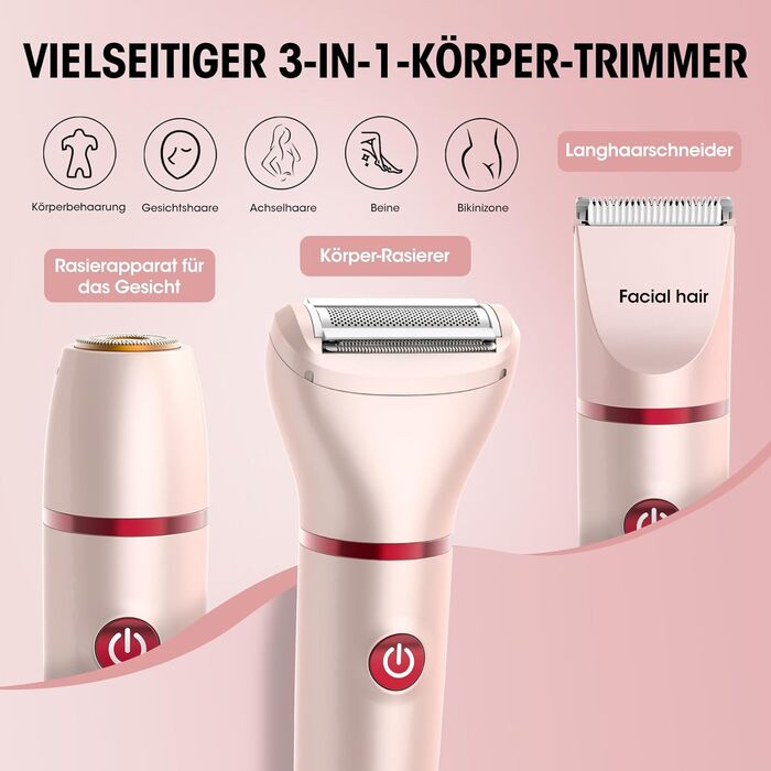 Suttik 3-в-1 тример для інтимної зони для жінок. Електричний бездротовий триммер для бікіні, вологостійкий (IPX6). Зручний подарунок (рожевий)