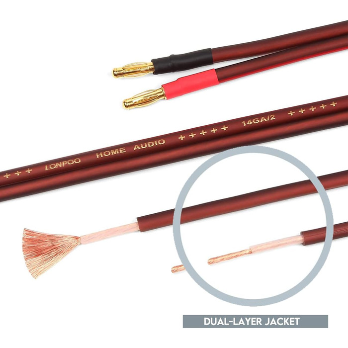 Акустичний кабель LONPOO LP42 з чистої міді та позолоченими бананоподібними роз'єктами, 14 AWG, 2 м, червоний (пара) для HiFi колонок