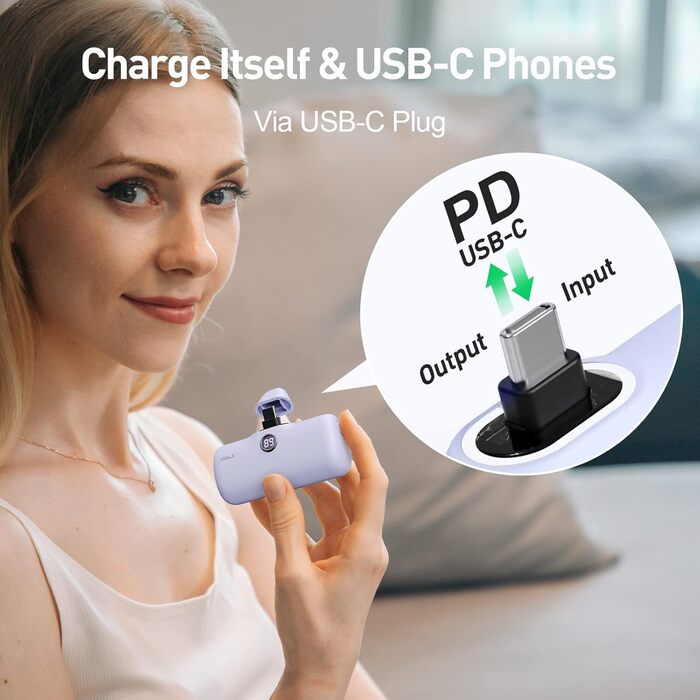 Powerbank iWALK 4800mAh 20W: Швидка зарядка, компактний акумулятор для iPhone, Samsung, Xiaomi, рожевий/фіолетовий