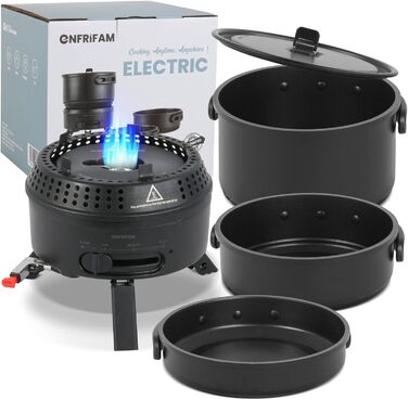 Набір кухонного посуду для кемпінгу на 2-4 особи: електричний та газовий котел 700W/2200W, посуд для кемпінгу, трекінгу, дому та вулиці (1 каструля + 2 сковорідки)