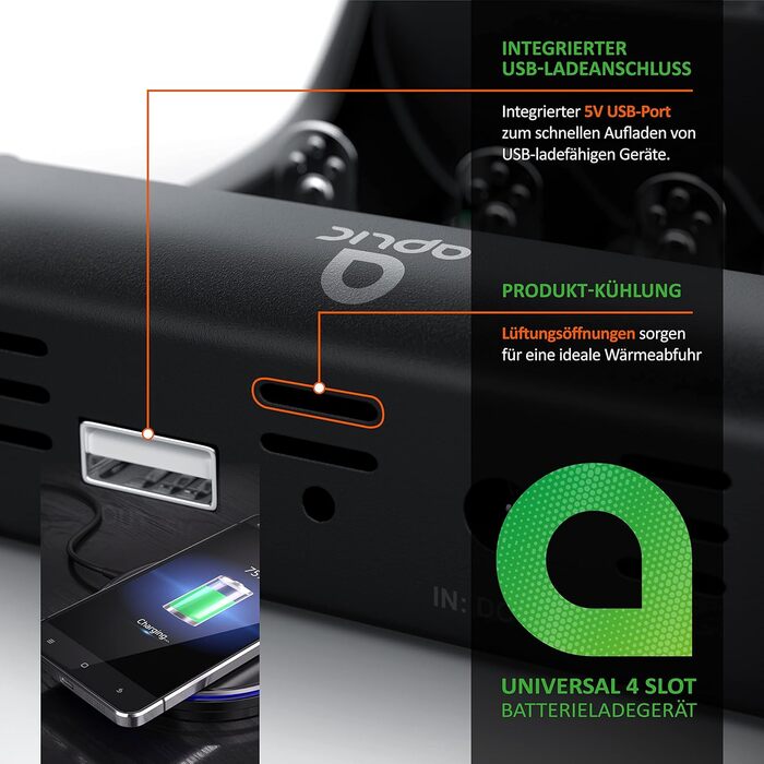 Зарядний пристрій CSL для акумуляторів AA, AAA, 18650 з LCD-дисплеєм та USB-портом