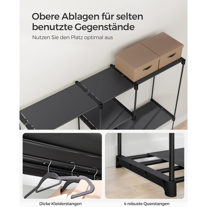 SONGMICS Шкаф для одягу, вішалка для одягу, гак для одягу, з вішалкою для одягу, полиці з тканини, металевий каркас, 182 x 43 x 182 см, чорний, RYG037B02
