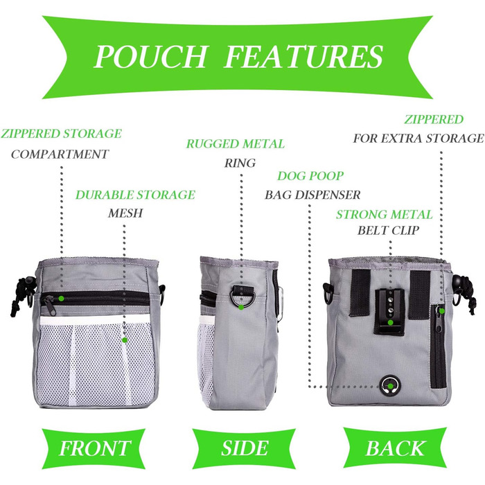 Сумка для ласощів STMK Leckerlibeutel для собак з поясом, 3 варіанти носіння, легка, іграшки, сухий корм, ласощі для собак, дресирування, навчання цуценят (сірий та чорний)
