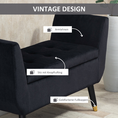 HOMCOM Luxury Bench with Storage & Armrests, Velvet Polyester, Rubber Wood, Black, 107x42x65cm for Living Room & Entryway