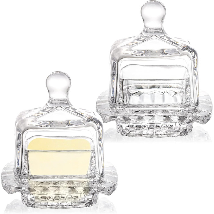 Frcctre 2 Pack Glass Butter Dish, Small Glass Butter Holder with Dome Lid and Handle, Clear Butter Serving Dish, Decorative Crystal Mini Butter Container, Butter Cloche