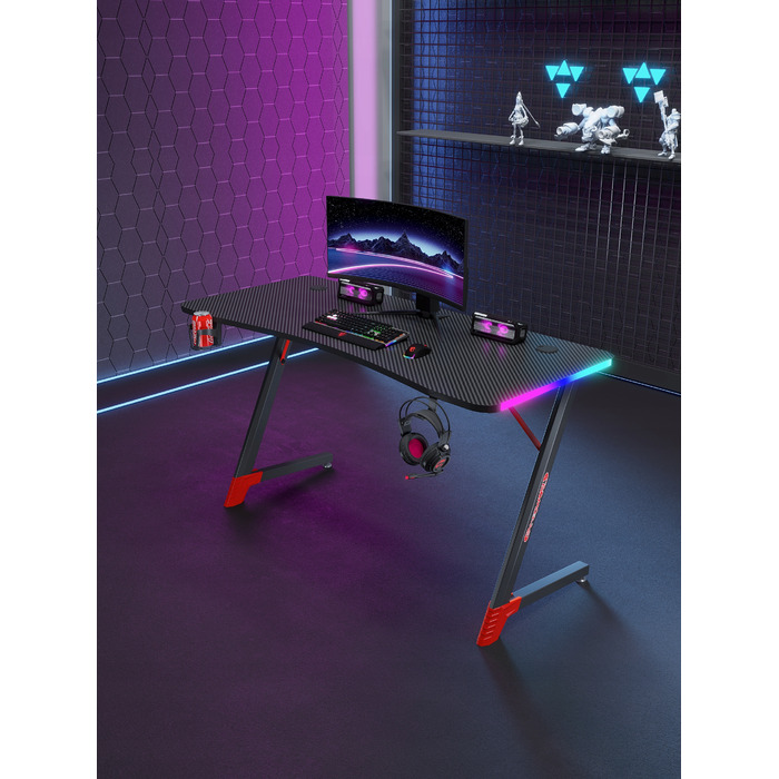 Ігровий комп'ютерний стіл з LED-підсвіткою, сучасний геймерський стіл, 140 см, чорний