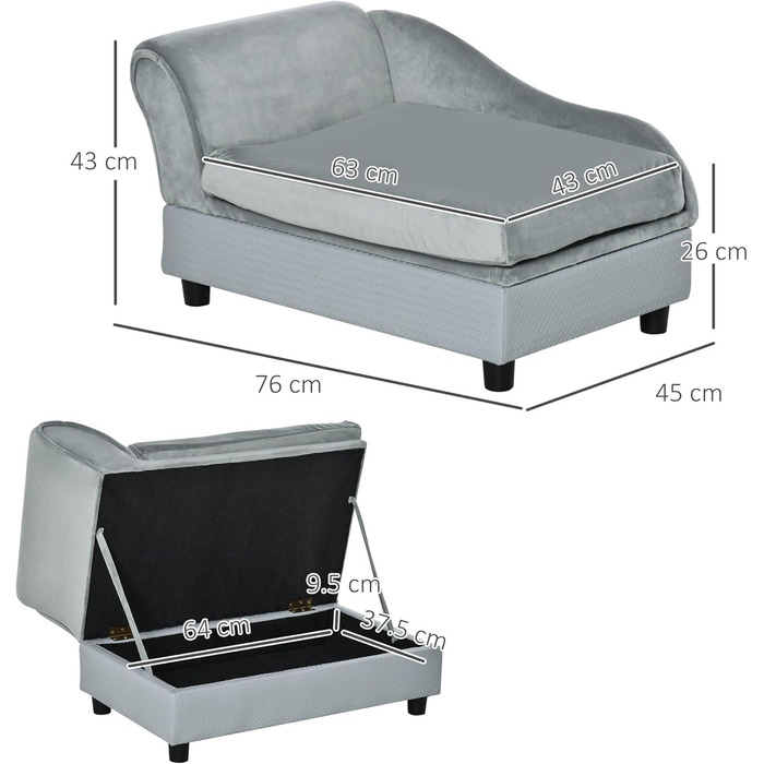 PawHut Крісло-диван для собак та котів з місцем для зберігання, сірого кольору, 76 x 45 x 43 см