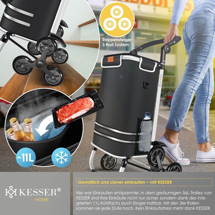 KESSER® Тележка для покупок зі сходами, з термосумкою, 56л, до 50кг | 3в1: тележка, візок, сумка через плече | Чорний