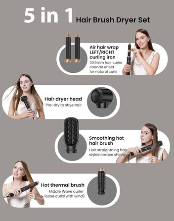 Набір для укладки волосся 6 в 1: фен-щітка, плойка, негайні іони, 110000 обертів, регулювання температури, тиха робота (чорний)