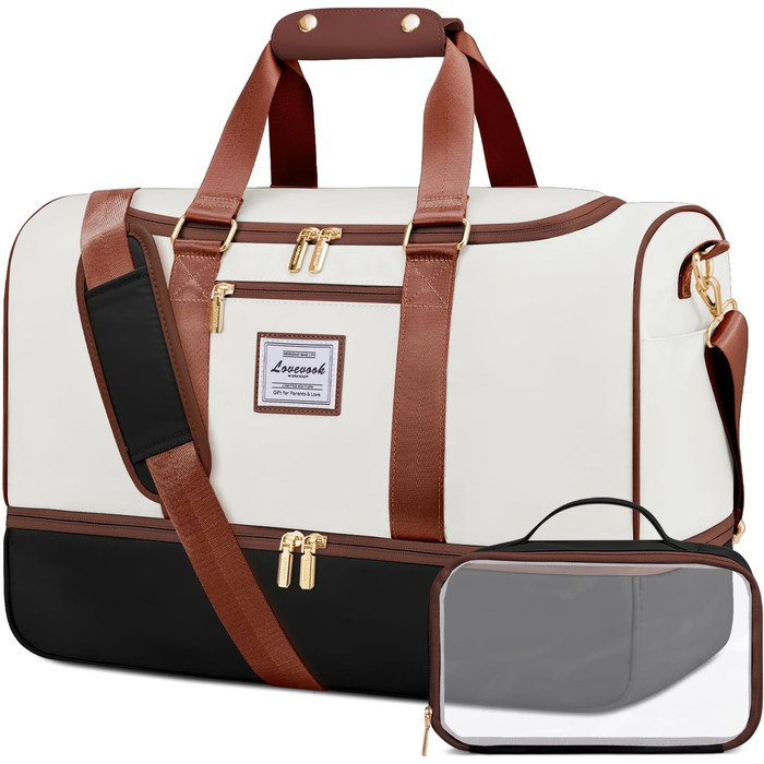Спортивна сумка LOVEVOOK 37L для подорожей: Weekender, Duffel, Carry-on з відділенням для взуття та мокрих речей, водонепроникна, для відпочинку, авіаперельотів (L, Бежево-чорно-коричнева)