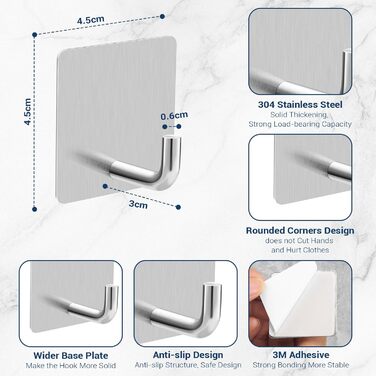 Набір гачків для рушників без свердління 6 шт. з нержавіючої сталі для ванної кімнати та кухні, самоклеючі, до 10 кг, вологостійкі, срібні