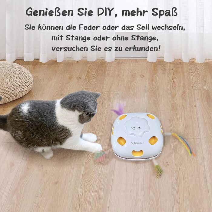 GoldenSun Cat Toy, Rechargeable, Interactive 4-in-1 Toy for Indoor Use, Hide-and-Seek Toy for Kittens, Whack-a-Mole Motion, Electronic Cat Toy for Exercise (Colorful Feathers)