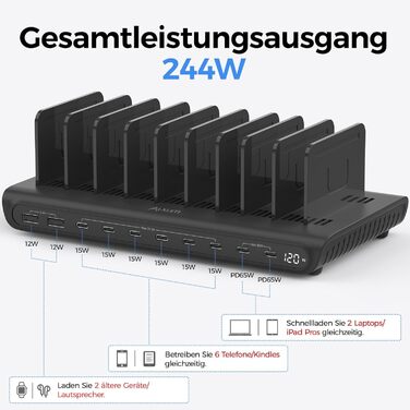 Зарядний пристрій Alxum 60W USB, 10 портів (5V/2.4A) для телефонів, планшетів, Kindle - чорний
