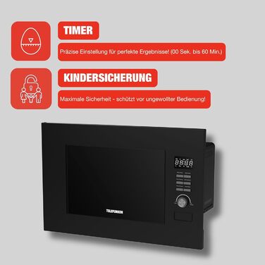Вбудована мікрохвильова піч Telefunken з грилем, 20 л, чорна, 8 автоменю, 800 Вт, 5 рівнів потужності