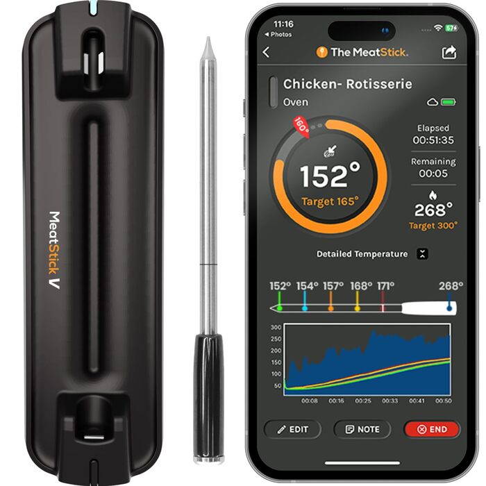 MeatStick V: Розумний термометр для м'яса з Bluetooth, 1200°F, безлімітна дальність, точність 0.4°F, для гриля, духовки, мангала, коптильні, фритюрниці, з логуванням даних в додатку