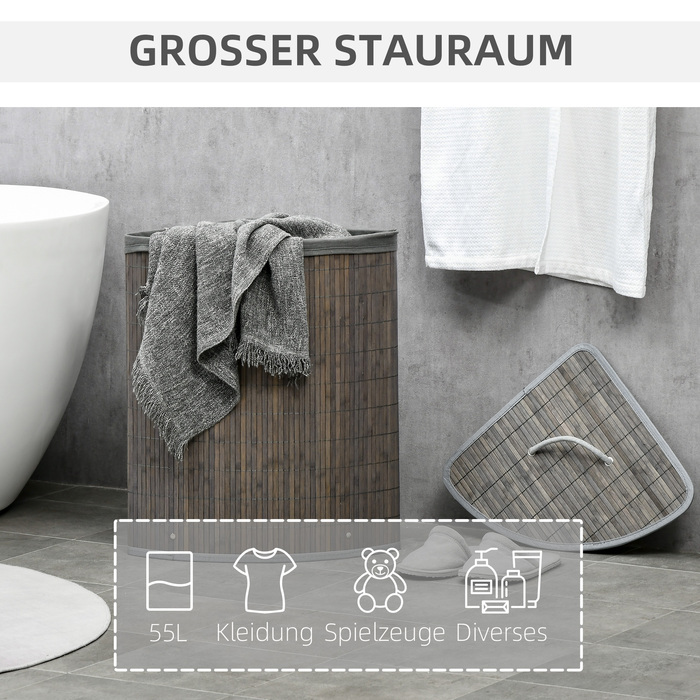 HOMCOM Rectangular Bamboo Laundry Basket 55L with Lid and Removable Bag 38 x 38 x 57 cm Grey | Aosom