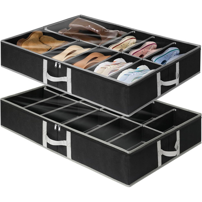 2 Under-Bed Shoe Organizers (24 Pairs), Foldable Under-Bed Storage Box Shoe Organizer, Adjustable Velcro Closure Shoe Storage Under Bed with Bottom Support & 3 Sturdy Handles