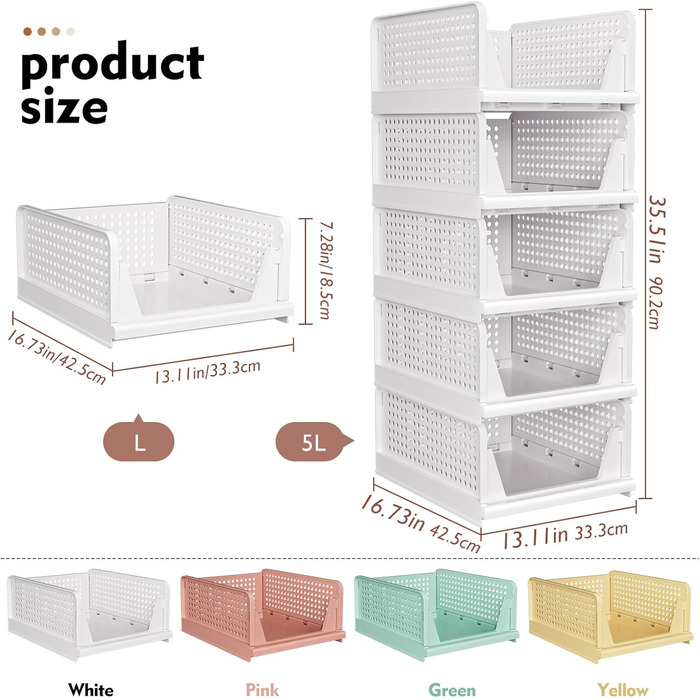SNSLXH 5 Pack Stackable Closet Shelf Organizer, Multifunctional & Foldable Closet Organizer for Bathroom, Kitchen, Closet Storage, Space-Saving Closet Drawer Storage Box, White