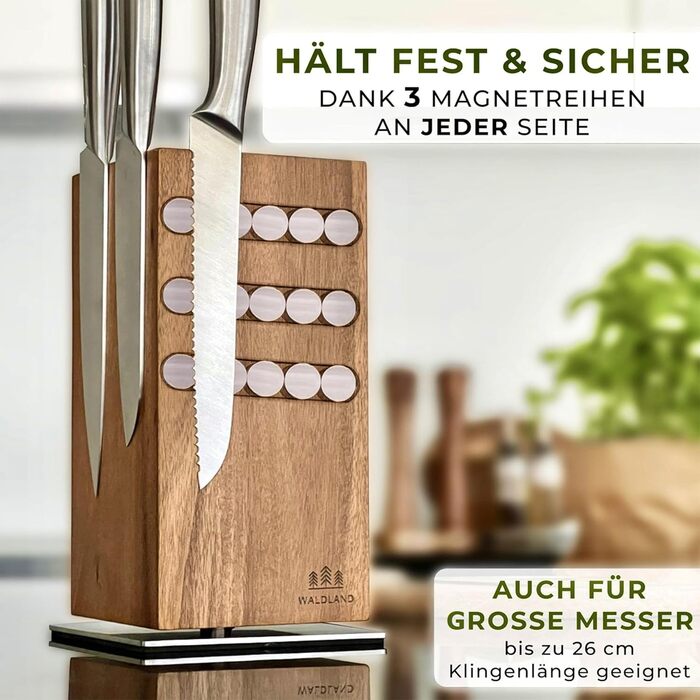 WALDLAND Premium Knife Block without Knives – Magnetic Knife Block made of exquisite and robust Acacia wood | Magnetic Knife Holder | Magnetic Knife Holder | Wooden Block
