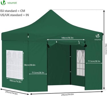 VOUNOT Gazebo 3x3m Waterproof Stable Winterproof, Pop Up Folding Gazebo with 4 Side Walls and 4 Sandbags, Party Gazebo Folding Garden Tent Party Tent, (Green)