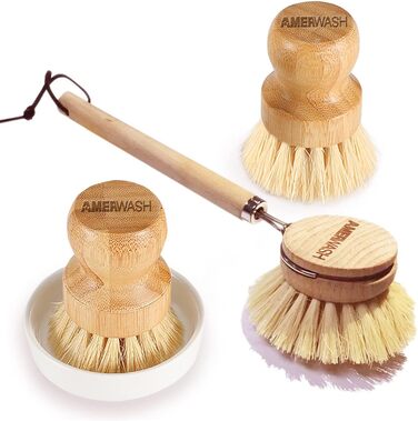 Dish Brush Set made of wood, for cleaning pots, pans and vegetables, natural bristles, bamboo scrub brushes with ceramic bowl, 1 long-handled dish brush + 2 palm-sized scrub brushes