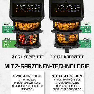 Фритюрниця повітряна GOURMETmaxx 4.5L з цифровим дисплеєм, 1400W, автоматичне вимкнення, захист від перегріву, миється у посудомийній машині, чорний (2x6L)