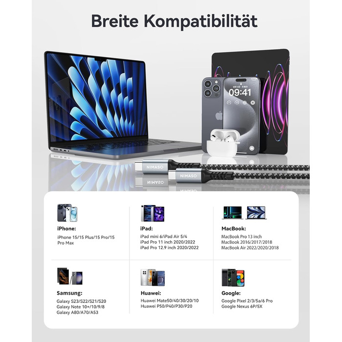 Кабель USB-C Nimaso [2 шт., 2м], 20V/3A/60W, сумісний з Samsung Galaxy, Google Pixel, MacBook, iPad, iPhone (сірий)