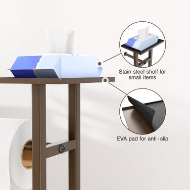 Stainless Steel Toilet Paper Holder with Brush - Freestanding Toilet Paper Roll Holder with Tray & Glass Shelf (Matte Brown)