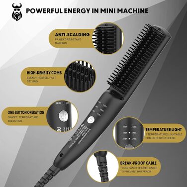 VIKICON Men's Beard Straightener - Mini Electric Beard Flat Iron, 30s Style Heated Brush Comb, Ionic Hair Straightener for Long & Short Beard Styling - Black