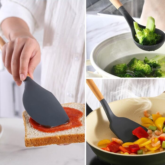 Набір кухонних аксесуарів 12 шт. з силікону з дерев'яними ручками, термостійкий антипригарний набір посуду: щипці, лопатки, ложки. Бежевий колір