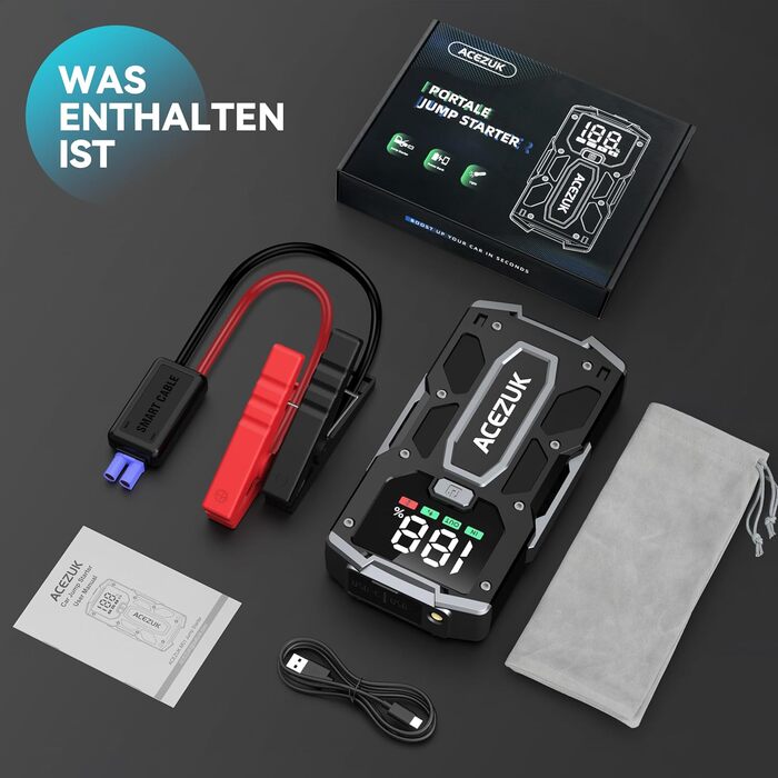 Портативний зарядний пристрій Starthilfe Powerbank 6000A для авто: запуск двигуна, LED-ліхтарик, великий екран, чорний M01