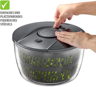 GEFU Салатоотжим - 5 л, з механізмом Push, вбудований виливний носик, кнопка зупинки, неслизький, придатний для миття в посудомийній машині (Чорний/Прозорий)