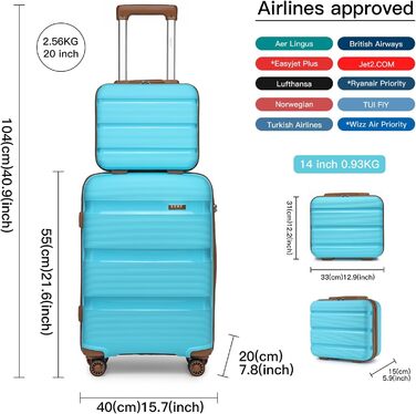Чемодан для подорожей на 4 колесах, міцний та легкий, TSA-замок, YKK-блискавка, тихі колеса, ручна поклажа з косметичкою (Синій/Коричневий, косметичка)