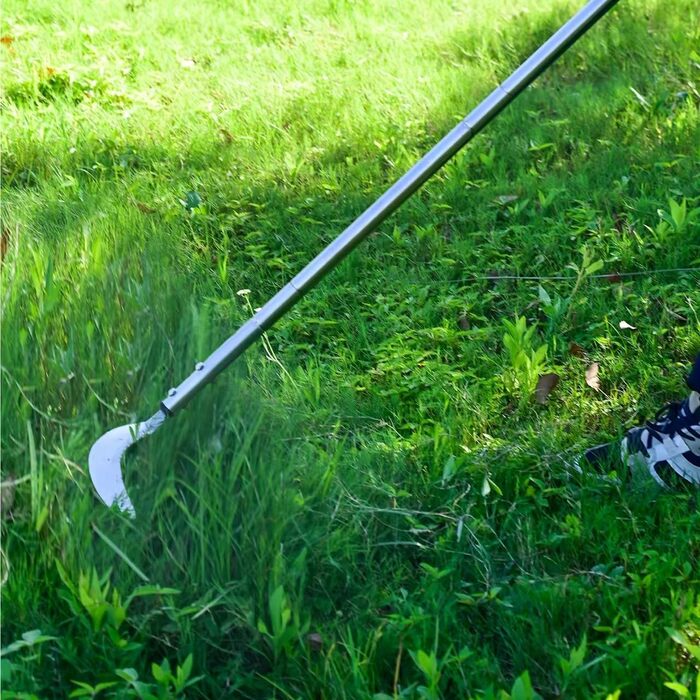 Weed scythe, steel grass scythe with serrated double-edged blade, telescopic grass grabber, stand-up weed scythe, lightweight scythe, garden tool, long handle for garden, yard