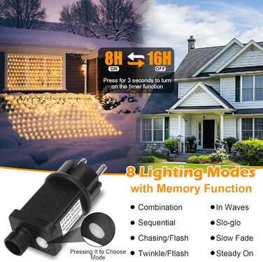 Льорочка з LED-підсвічуванням Withosent для ялинки, 400 LED, IP44, функція пам'яті, вологостійка, 8 режимів, тепле біле світло (3.5м)