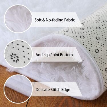 Пухнастий килим для спальні Calore з високим ворсом, 80x120 см, білий. Антиковзаюча підкладка, для вітальні, сумісний з пральною машиною