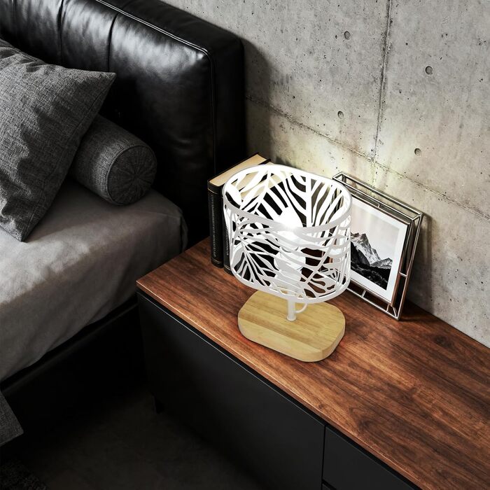 Настільна лампа з дерева, вінтажна модель E14, настільна лампа з дерев'яним цоколем та металевим абажуром, для дитячої кімнати, вітальні, спальні, бару (біла)