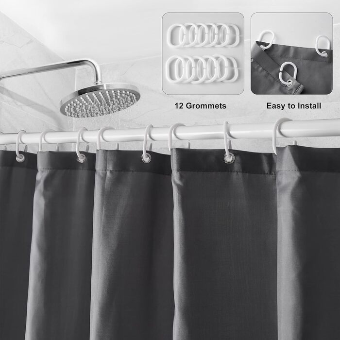 Шторка для душу DUFU, водовідштовхувальна, миється | Швидковисихаюча поліестер, 12 гачків | Напівпрозора захисна шторка для ванни (180x200 см, Темно-сірий)