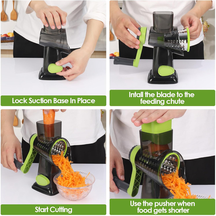 Ручна тертка для сиру та овочів Dreamhigh з ручкою, 3 змінні леза з нержавіючої сталі, для сиру, овочів, горіхів, моркви, ідеальна для огірків, білий (зелений)