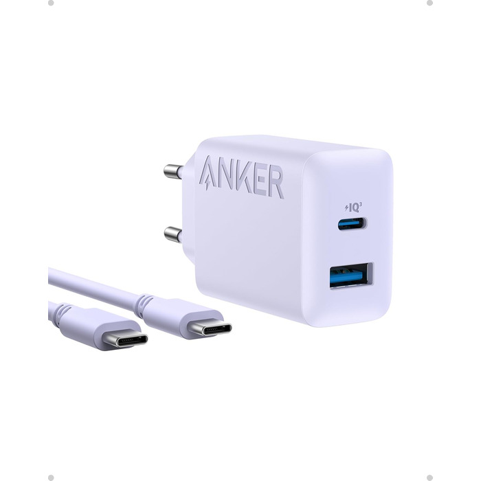 Зарядний пристрій Anker 20W USB-C, адаптер живлення для iPad, швидка зарядка, сумісний з iPhone 17/16/15 (з кабелем USB-C 150см), фіолетовий