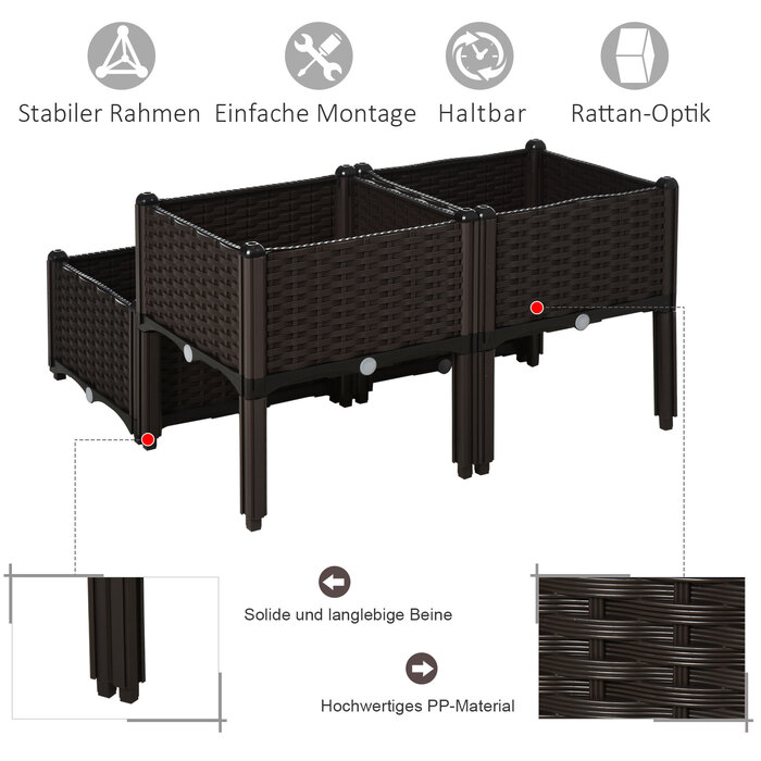 Outsunny Raised Garden Bed Rattan Plant Box 40x40x44cm with PP Drainage Holes, Brown for Garden Balcony