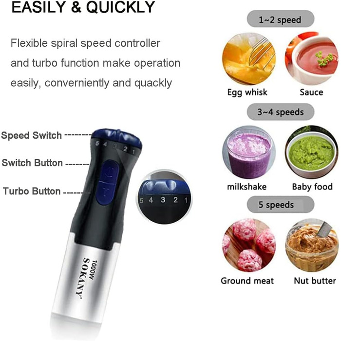 SOKANY Stabmixer 1000W: 4-в-1 блендер для супів, смузі та дитячого харчування. Зеркало, міксер, вінчик, чаша-мірна склянка