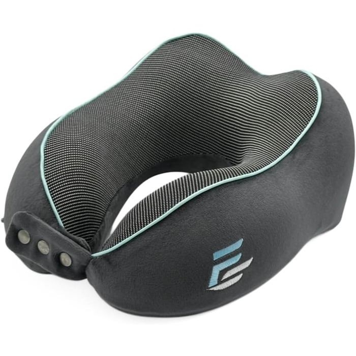 Подушка для шиї FS для літака та авто – Memory Foam з 360° підтримкою шиї – Регульована з кнопками – Дихаючий, м'який чохол – з мішечком – Сіра