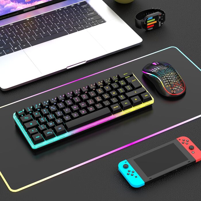 Бездротова ігрова клавіатура та миша RedThunder K62 60% RGB, AZERTY, 62 клавіші, Mini, для PC/PS5, чорний